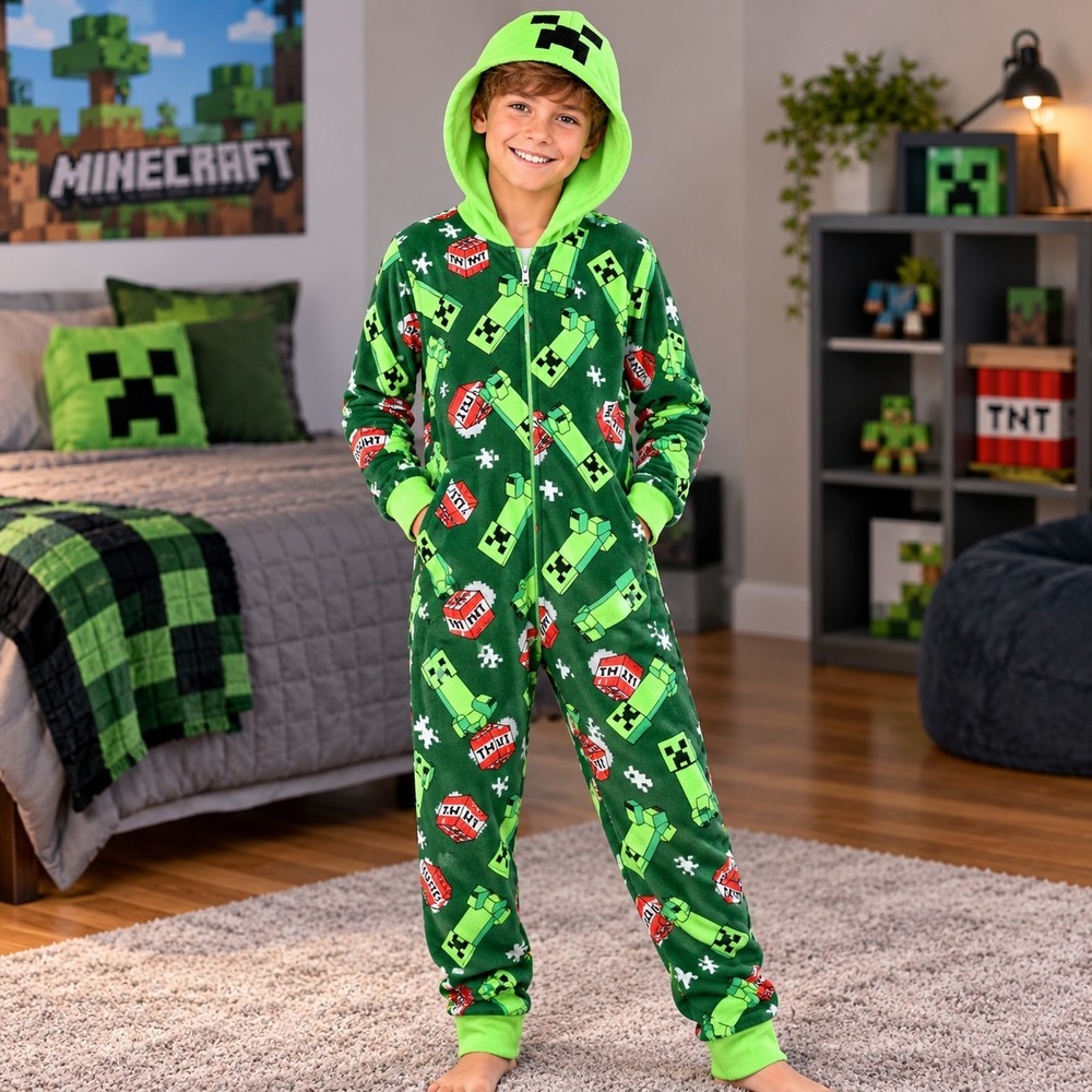 MINECRAFT One-Piece Pajamas Boy's 8-10 Medium Union Suit Creeper Costume Gamer